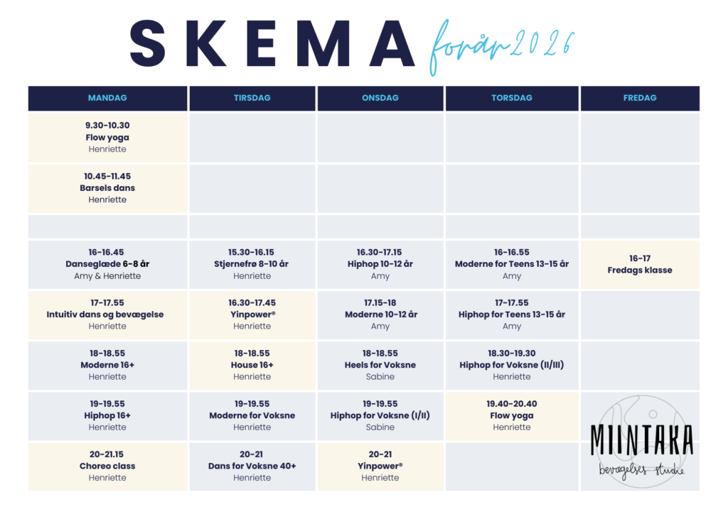 foråret 2026 i Miintaka bevægelses studie, danseskole, yoga, barselsdans, mm.