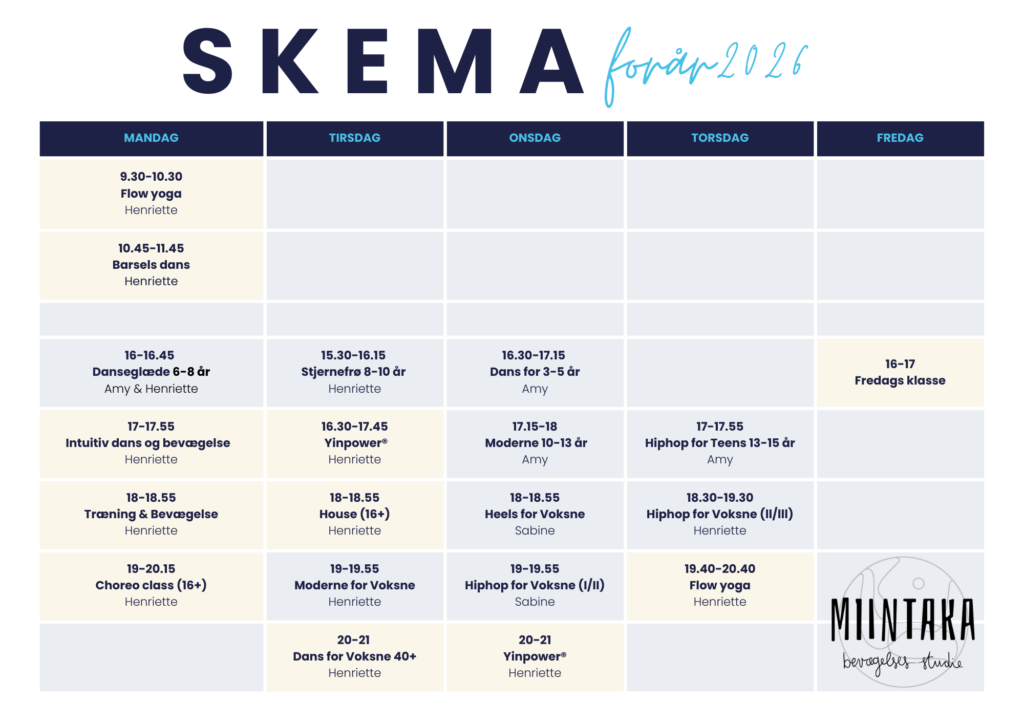 foråret 2026 i Miintaka bevægelses studie, danseskole, yoga, barselsdans, mm.