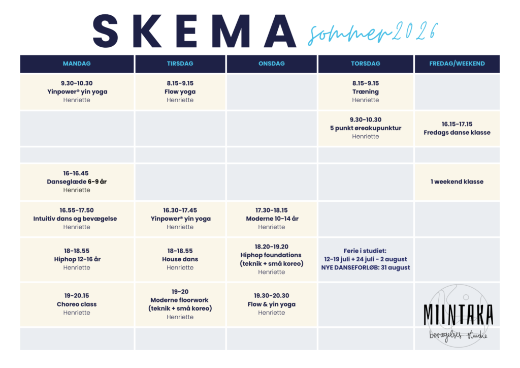 sommerplan for miintaka 2026 i Esbjerg, med dansetimer for børn, unge og voksne. DROP ind og abonnement.